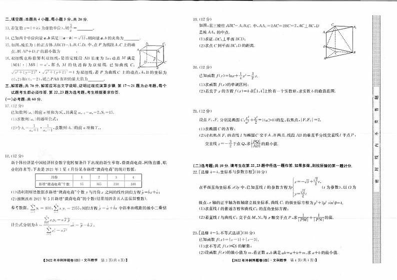 2022届安徽省高考冲刺卷（四）文科数学试题及答案第2页