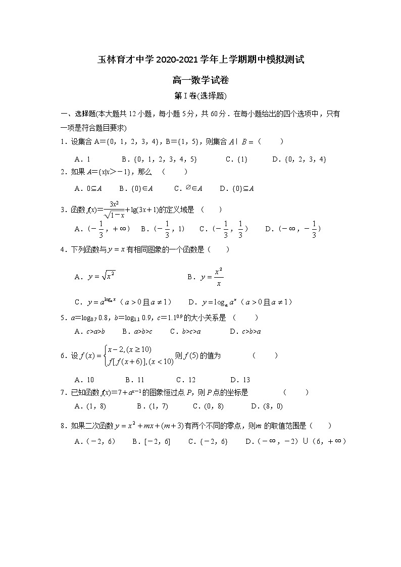 广西玉林市育才中学2020-2021学年高一上学期期中模拟测试数学试卷第1页