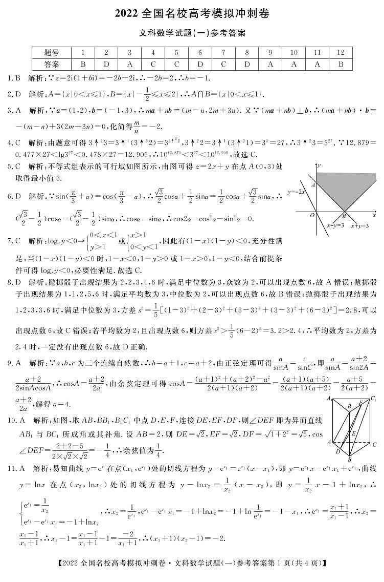 2022全国名校高三下学期高考模拟冲刺押题卷（一模）数学（文）试题PDF版含解析01