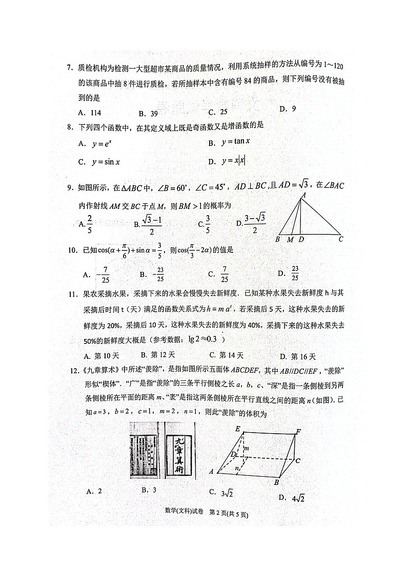 银川一中2022届高三第二次模拟数学(文科)试卷及答案02