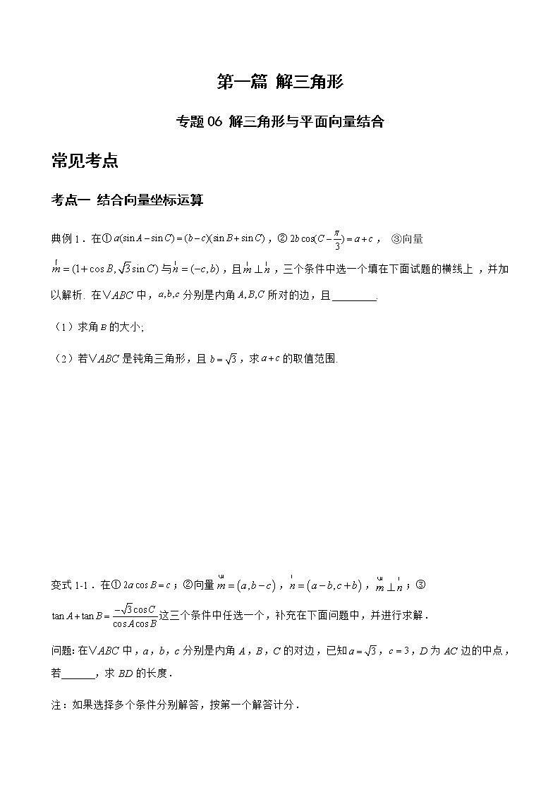专题06 解三角形与平面向量结合-备战2022年高考数学二轮复习之大题核心考点专题训练(新高考地区)(原卷版)第1页