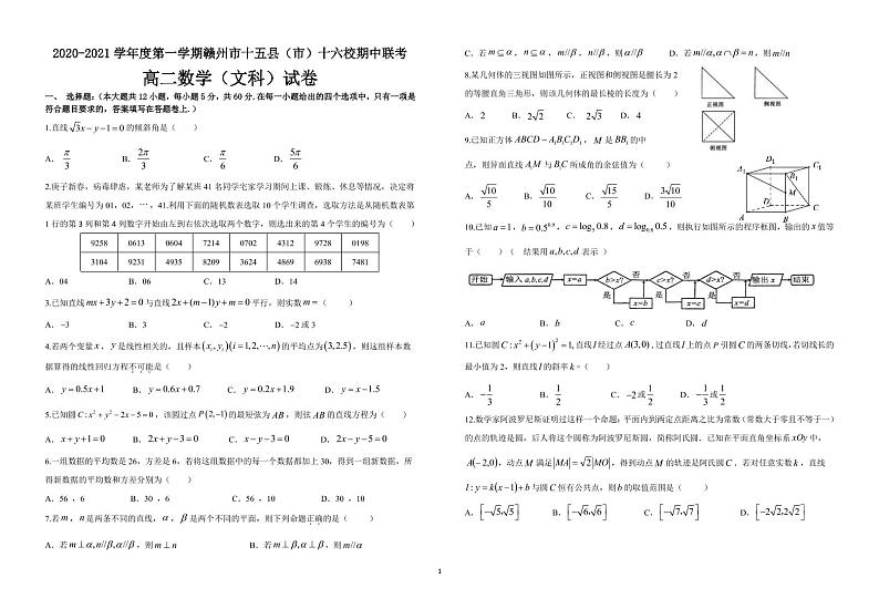 江西省赣州市十五县（市）十六校2020-2021学年高二上学期期中联考数学（文）试卷 PDF版含答案01