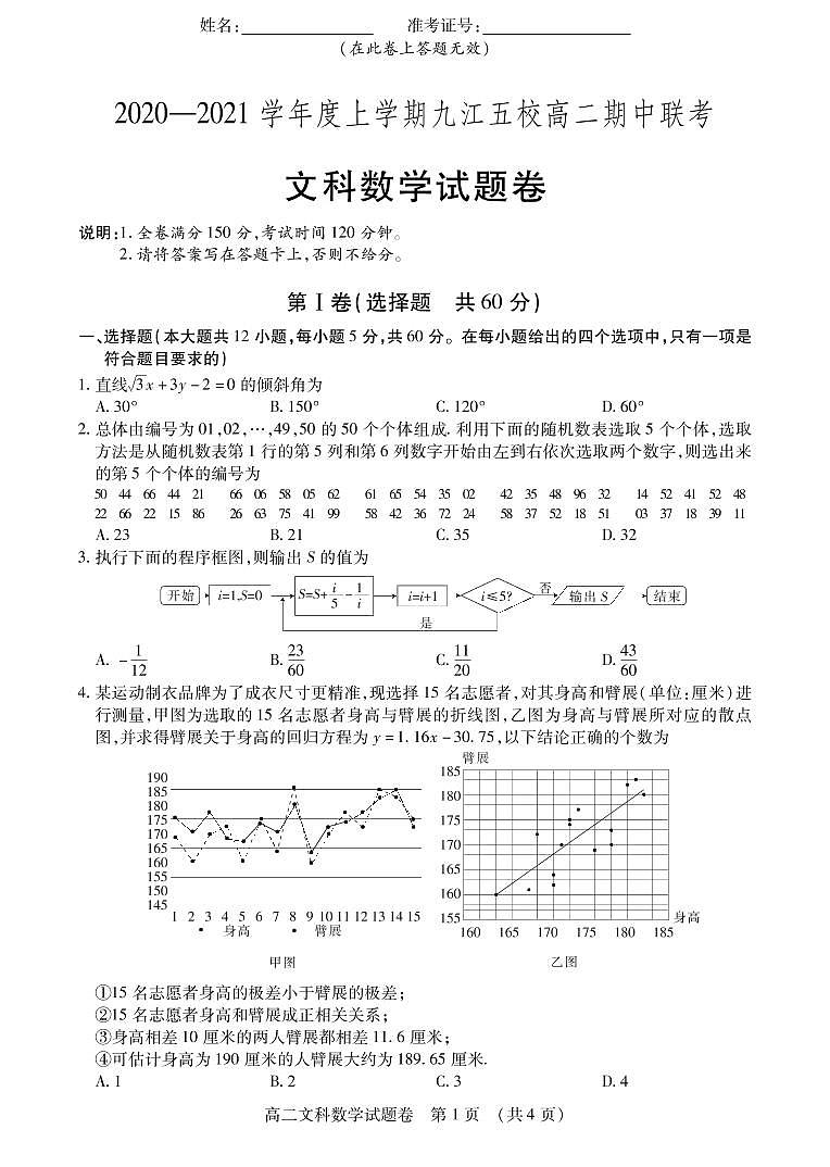 江西省九江五校2020-2021学年高二上学期期中联考试卷数学（文）试卷（PDF版）第1页