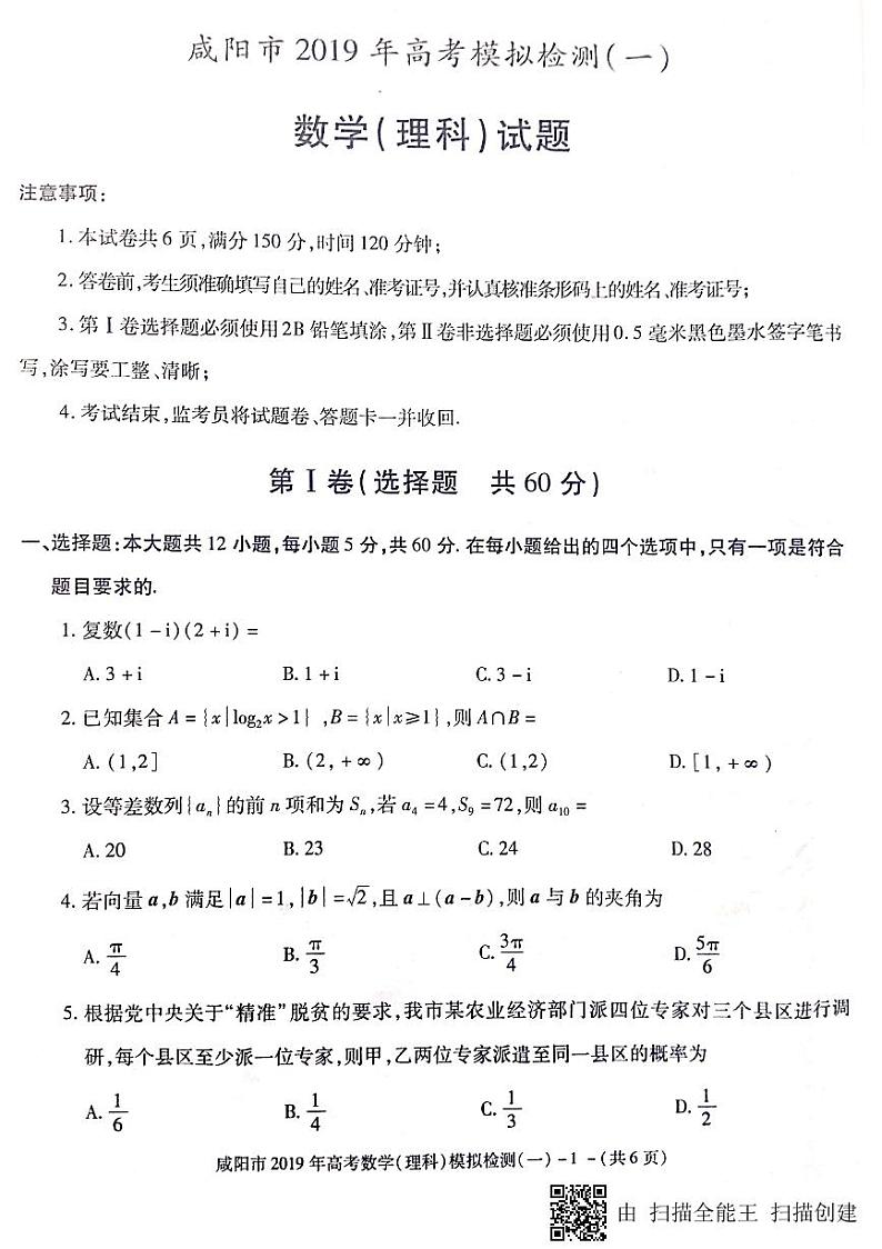 [首发]陕西省咸阳市2019届高三模拟检测（一）数学（理）试题（图片版）第1页