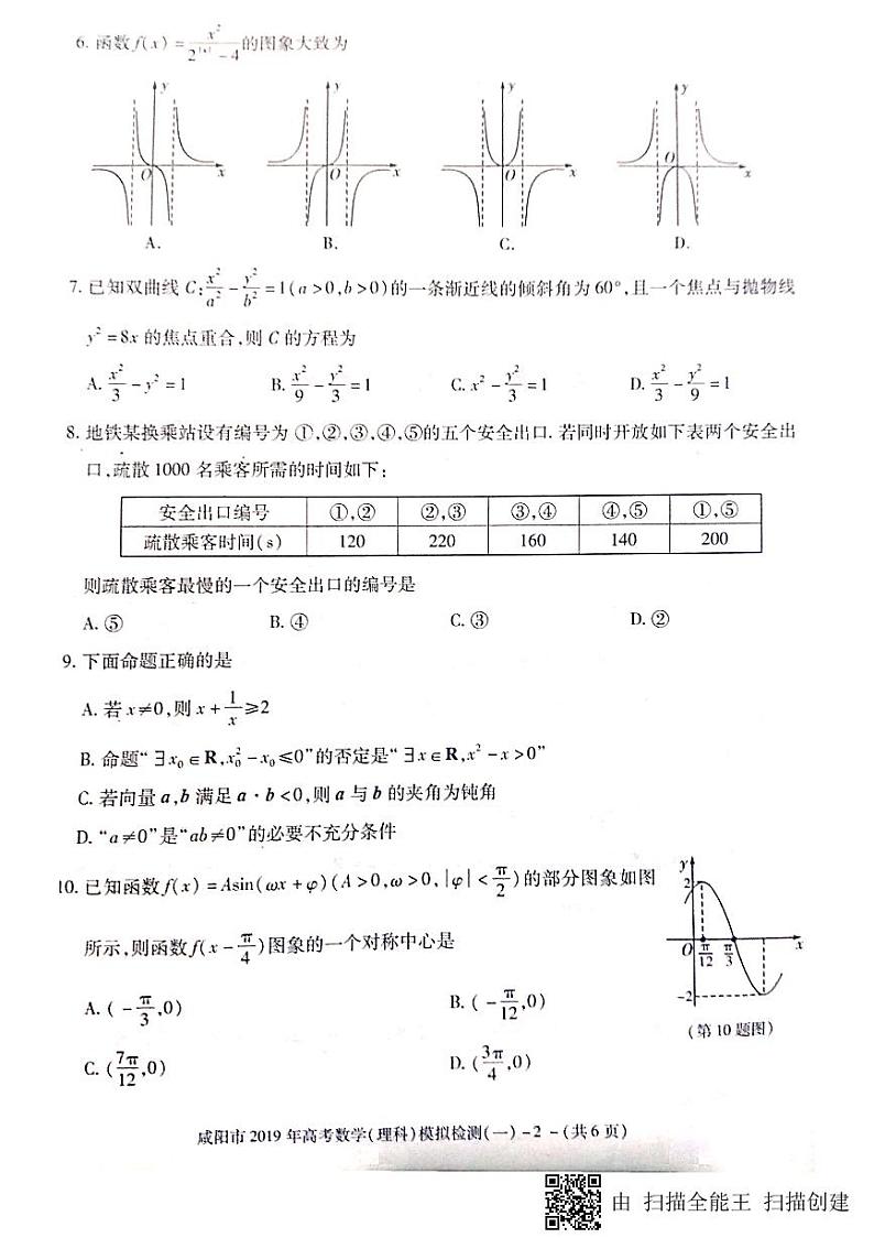 [首发]陕西省咸阳市2019届高三模拟检测（一）数学（理）试题（图片版）第2页