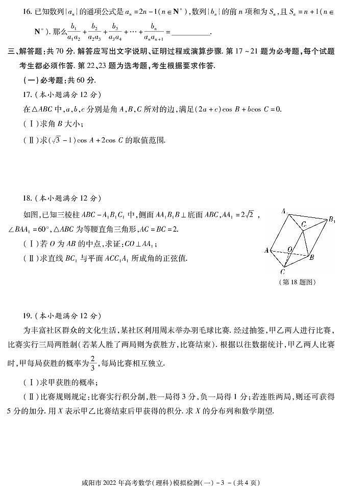 陕西省咸阳市2022届高考模拟检测（一）数学（理）试卷（PDF版）第3页