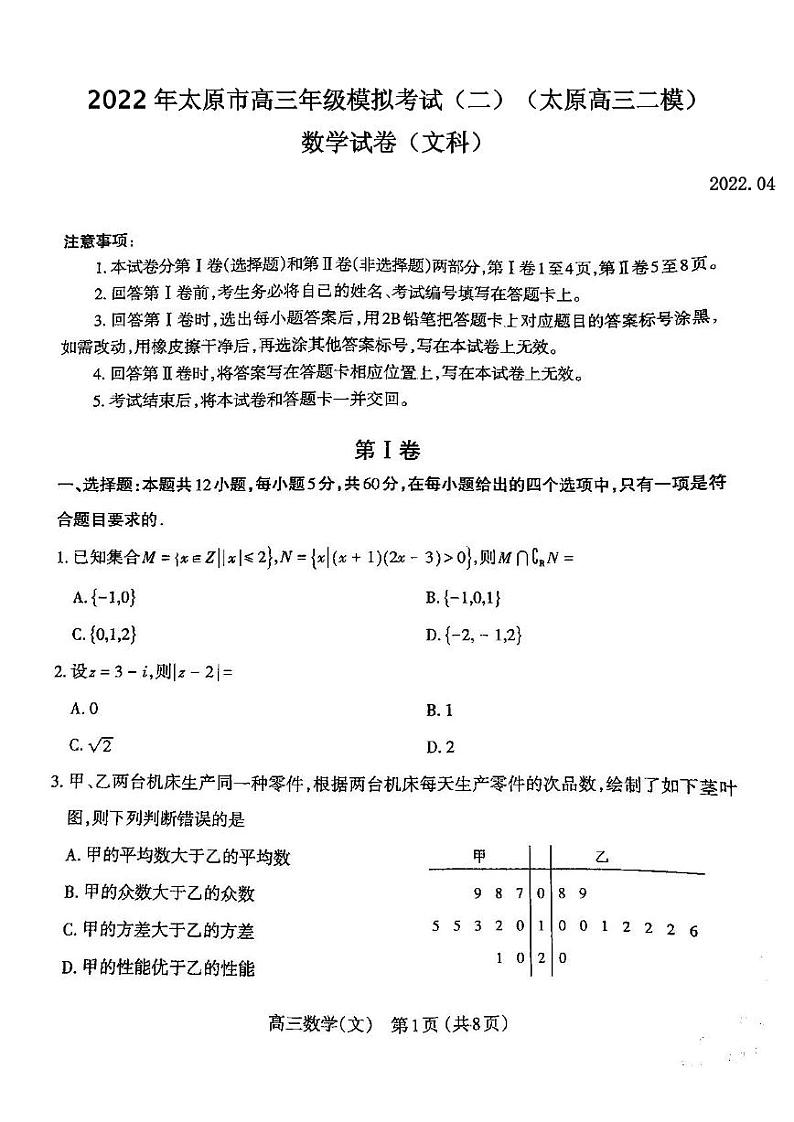 2022年太原市高三年级模拟考试（二）文科数学试题含答案（太原高三二模）01