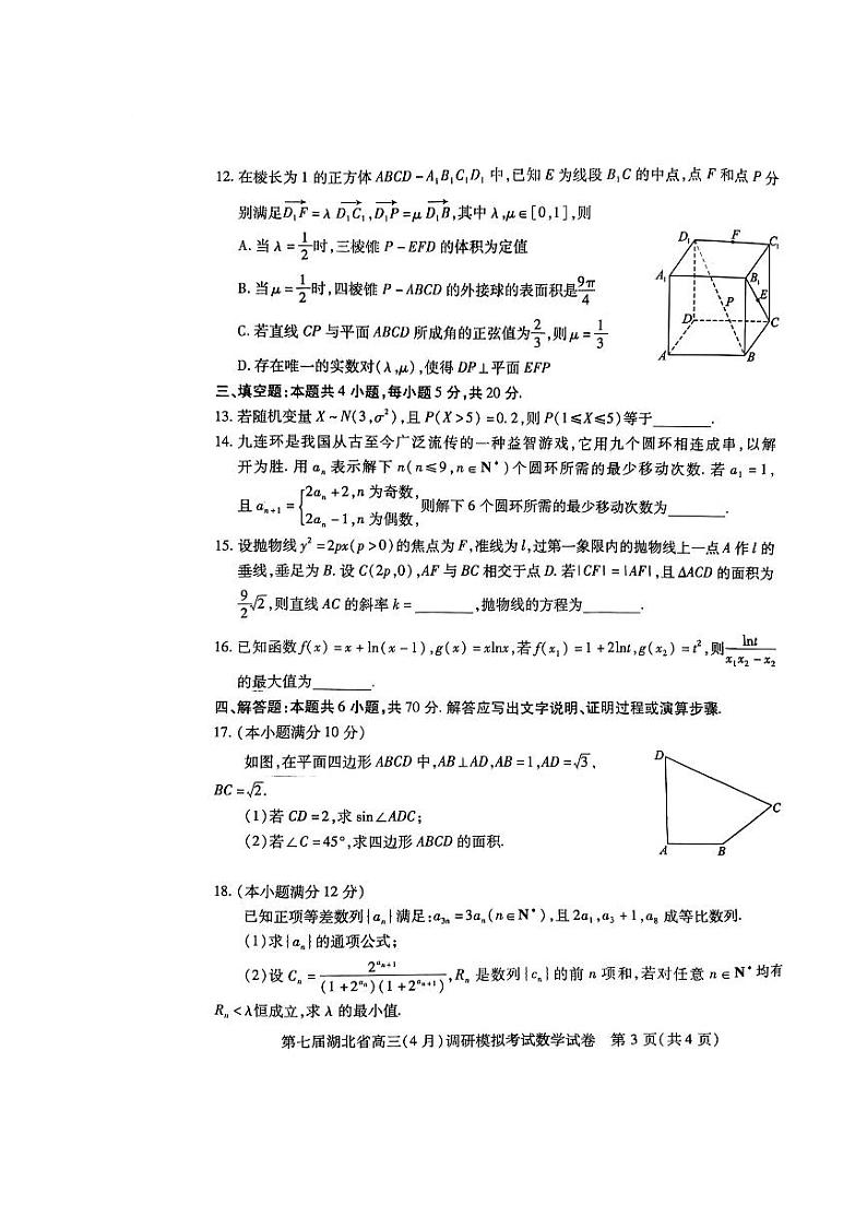 2022届湖北省高三4月调研模拟数学试卷（含答案）第3页