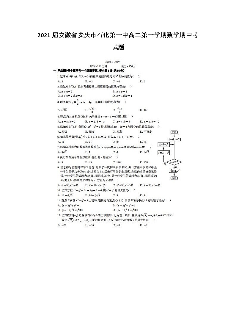 2021届安徽省安庆市石化第一中高二第一学期数学期中考试题01