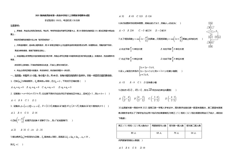 2021届西藏昌都市第一高级中学高三上学期数学理期中试题01