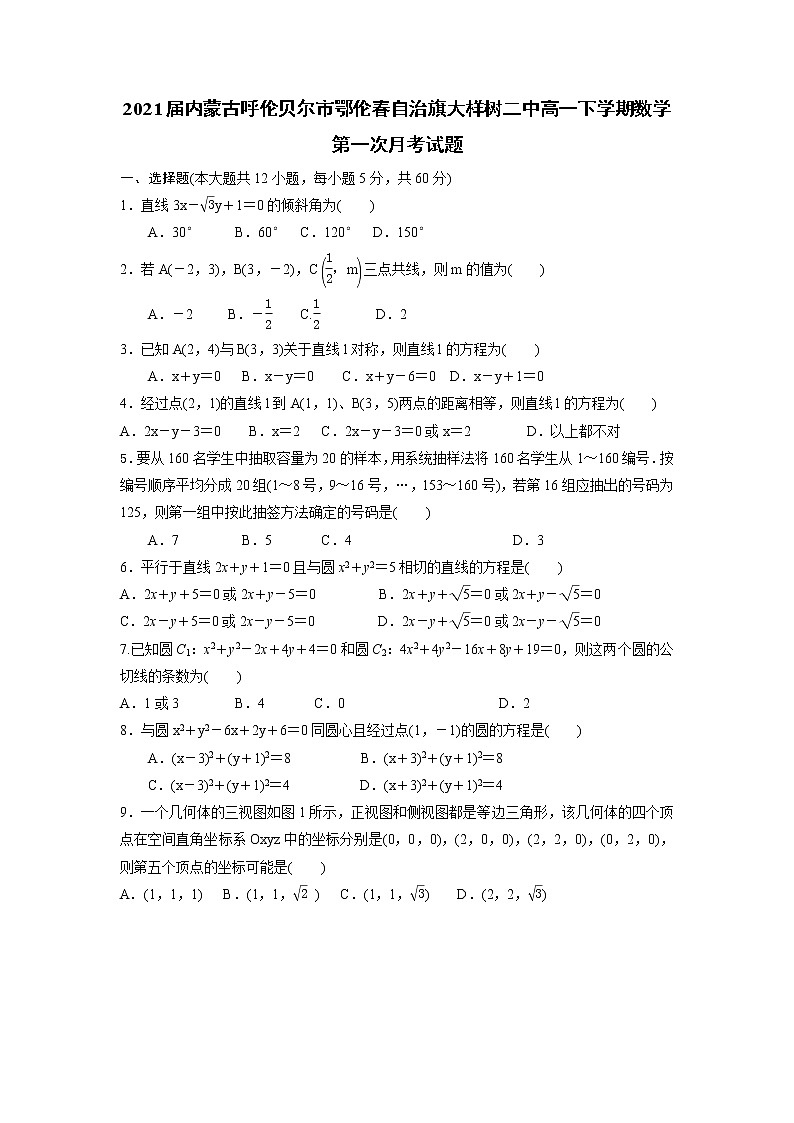 2021届内蒙古呼伦贝尔市鄂伦春自治旗大样树二中高一下学期数学第一次月考试题01