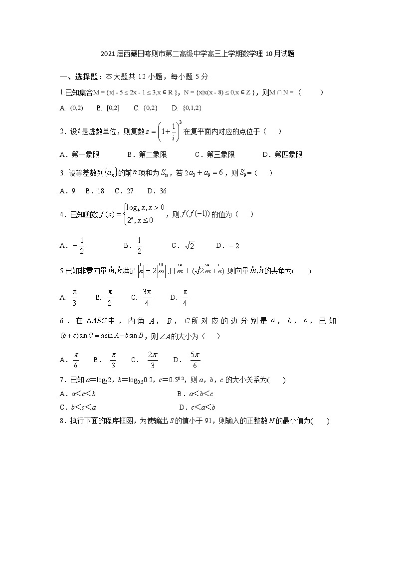 2021届西藏日喀则市第二高级中学高三上学期数学理10月试题第1页