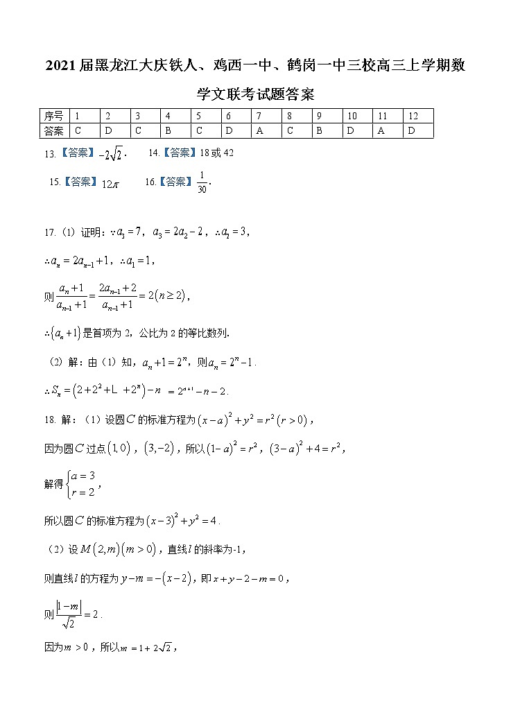 2021黑龙江大庆铁人、鸡西一中、鹤岗一中三校高三上学期数学文联考试题答案第1页