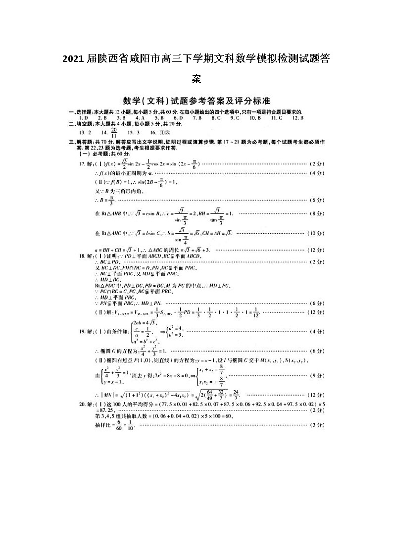 2021陕西省咸阳市高三下学期文科数学模拟检测试题答案01