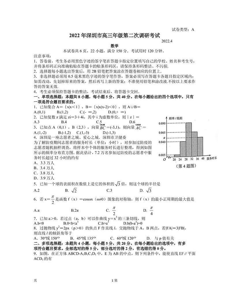 2022届广东省深圳市高三下学期第二次调研考试（二模）（4月）数学试题PDF版含答案01