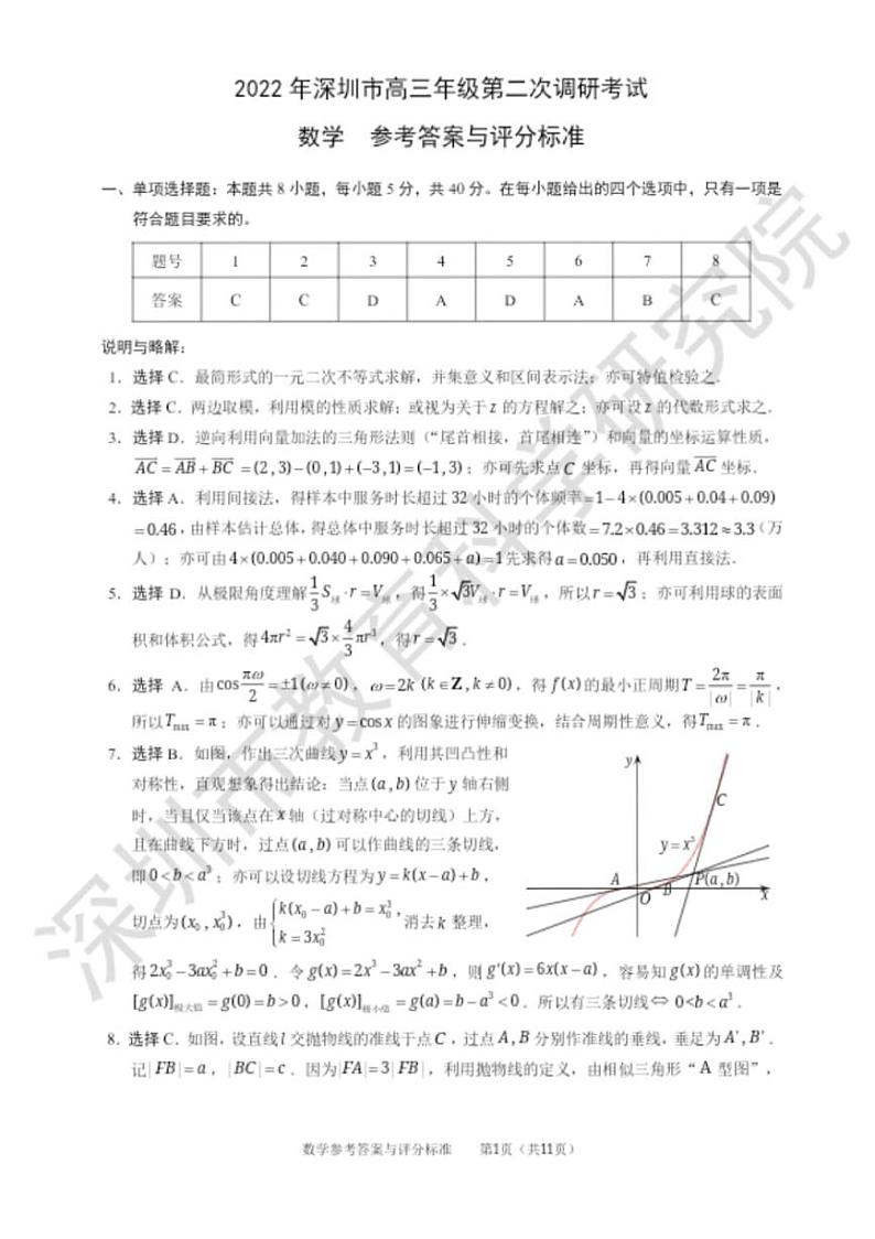2022届广东省深圳市高三下学期第二次调研考试（二模）（4月）数学试题PDF版含答案01