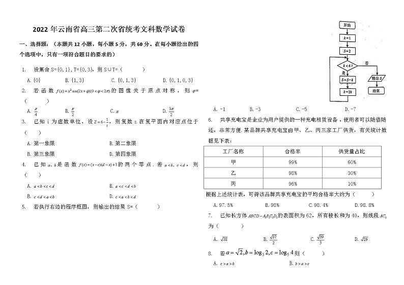 云南省2022届高三下学期4月第二次高中毕业生复习统一检测（二模）数学（文）试题  Word版第1页