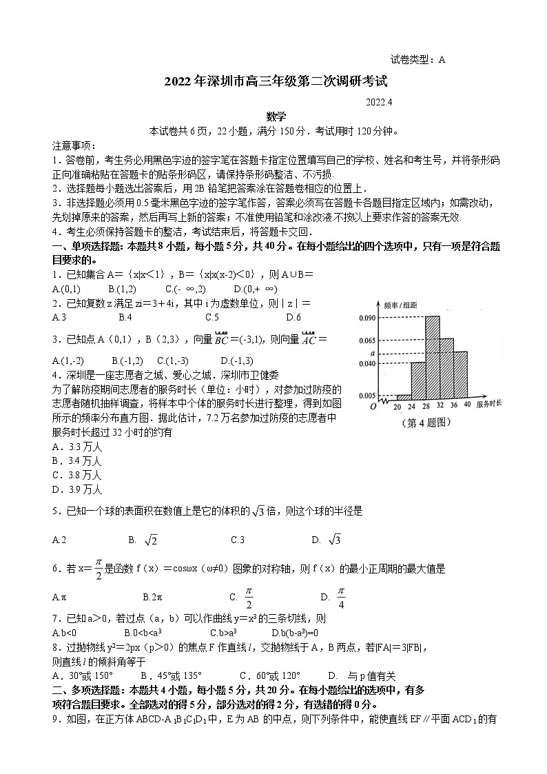 2022届广东省深圳市高三下学期第二次调研考试（二模）（4月）数学试题含答案01