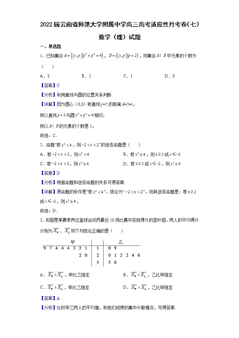 2022届云南省师范大学附属中学高三高考适应性月考卷（七）数学（理）试题含解析01
