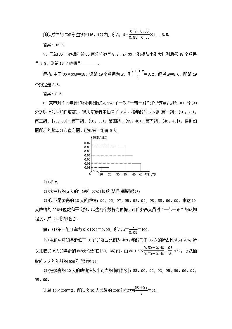 新人教A版高中数学必修第二册课时检测40总体百分位数的估计含解析03