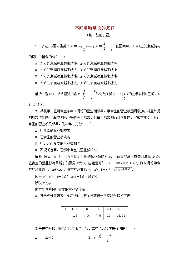 新人教A版高中数学必修第一册课时检测36不同函数增长的差异含解析01