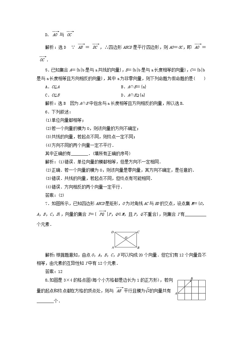 新人教A版高中数学必修第二册课时检测1向量的实际背景与概念向量的几何表示相等向量与共线向量含解析02