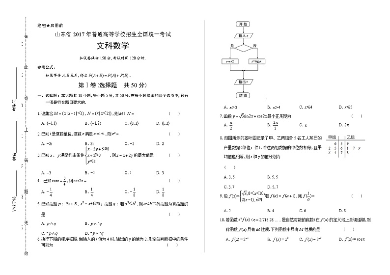2017年高考文科数学山东卷含答案第1页