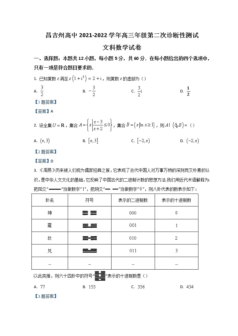 2022新疆昌吉回族自治州高三下学期二模试题数学（文）含答案01