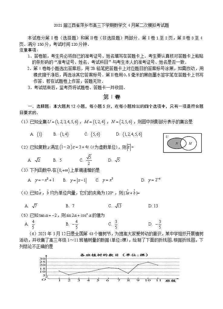 2021江西省萍乡市高三下学期数学文4月第二次模拟考试题第1页