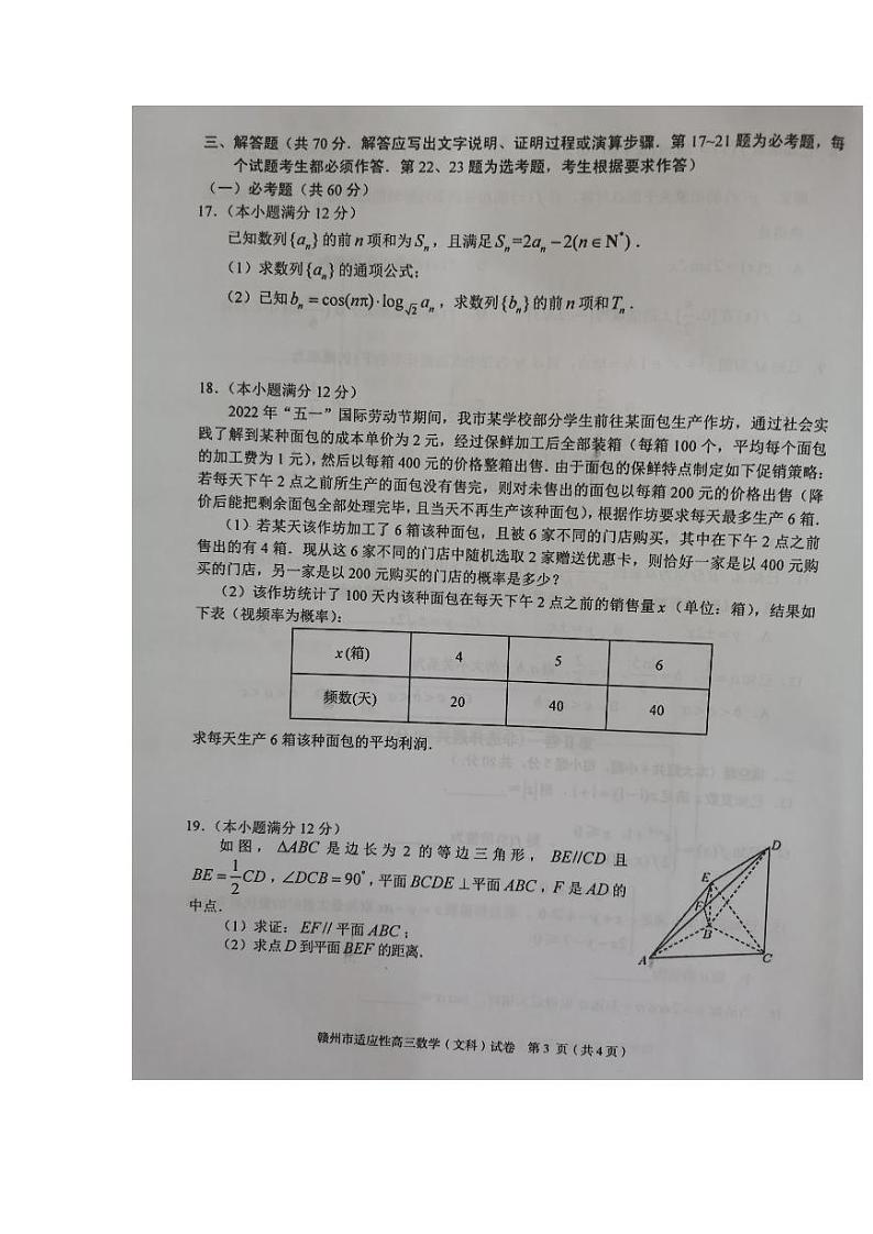 2022年江西赣州市高三适应性考试（二模）文科数学及答案练习题第3页