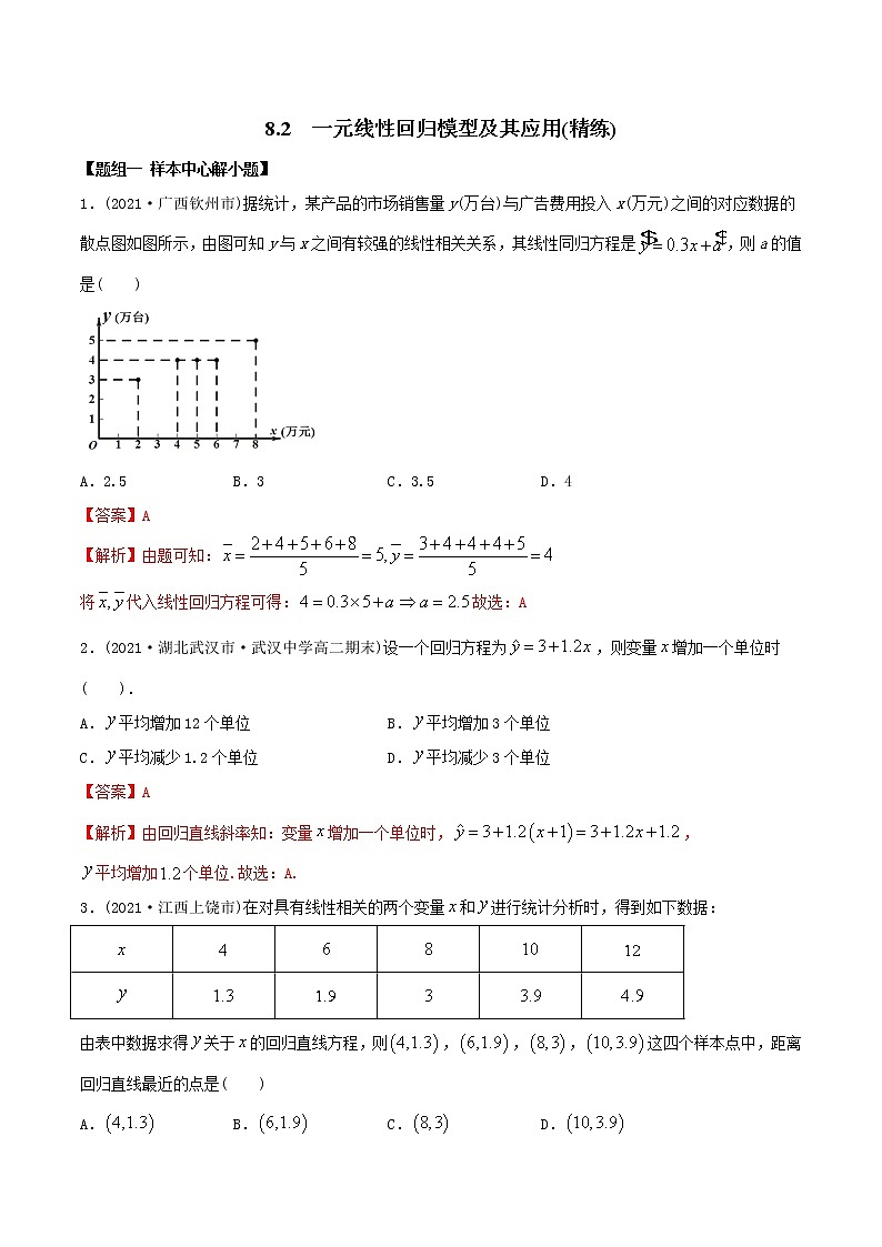 8.2 一元线性回归模型及其应用（精练）-2022版高中数学新同步精讲讲练（选择性必修第三册）（教师版含解析）01
