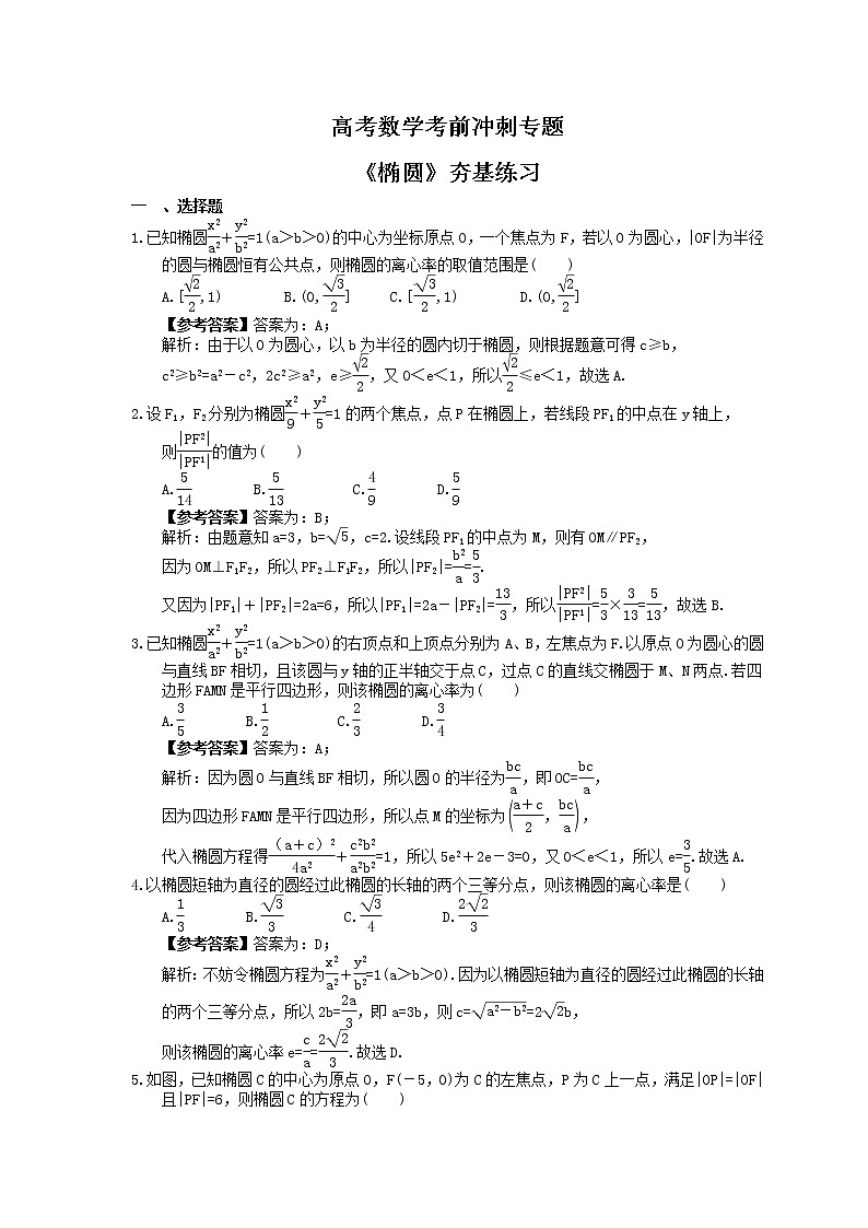 高考数学考前冲刺专题《椭圆》夯基练习（教师版）第1页