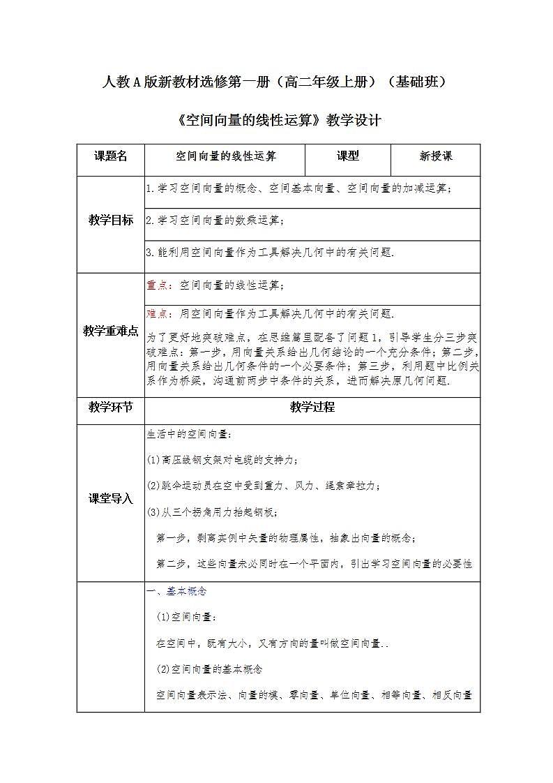 第1章+1.1空间向量及其运算基础班第一课时课件+教案01
