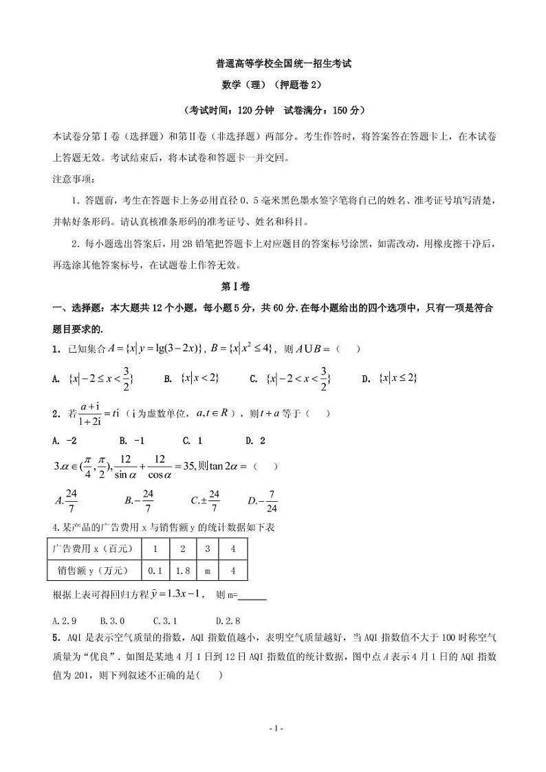 2019届河南省许昌高级中学高三下学期卷（二）考试数学（理）试题（PDF版）第1页