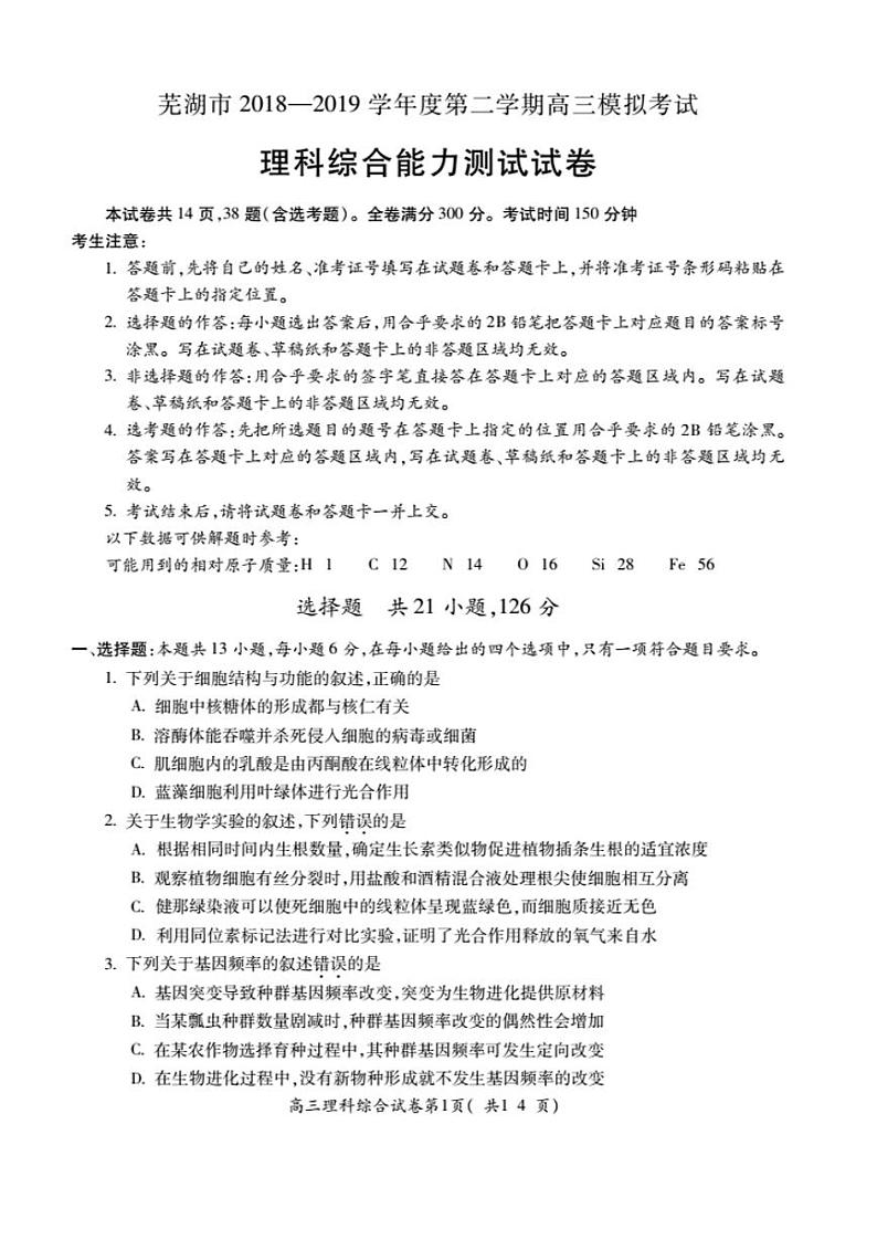 [首发]安徽省芜湖市2019届高三5月模拟考试理科综合试题（图片版）第1页