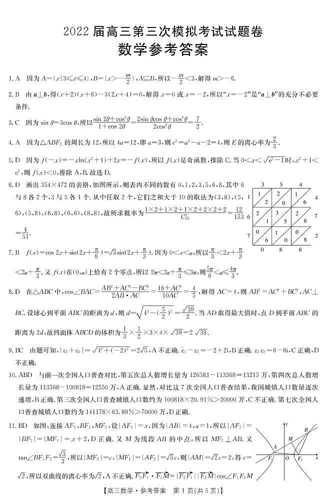 2022届湖南省湘潭市高三下学期第三次模拟考试数学试题（答案解析）第1页
