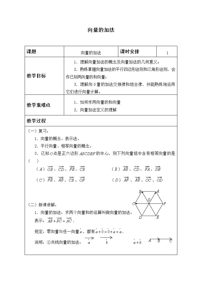 人教版（B版2019课标）高中数学必修二6.1.2向量的加法   教案01