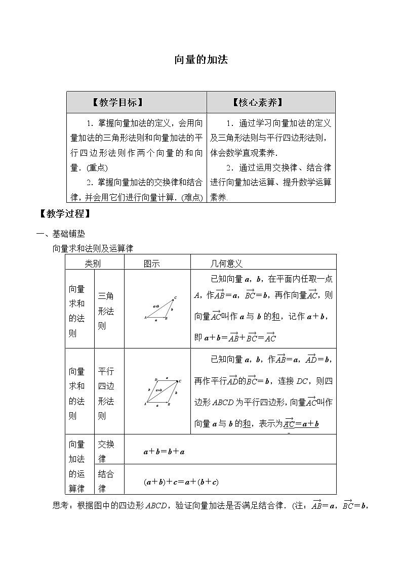 人教版（B版2019课标）高中数学必修二6.1.2向量的加法   教案01