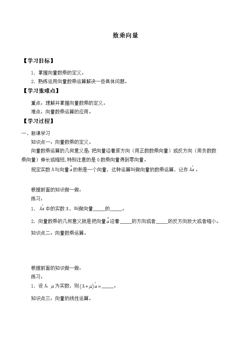 人教版（B版2019课标）高中数学必修二6.1.4数乘向量  学案01