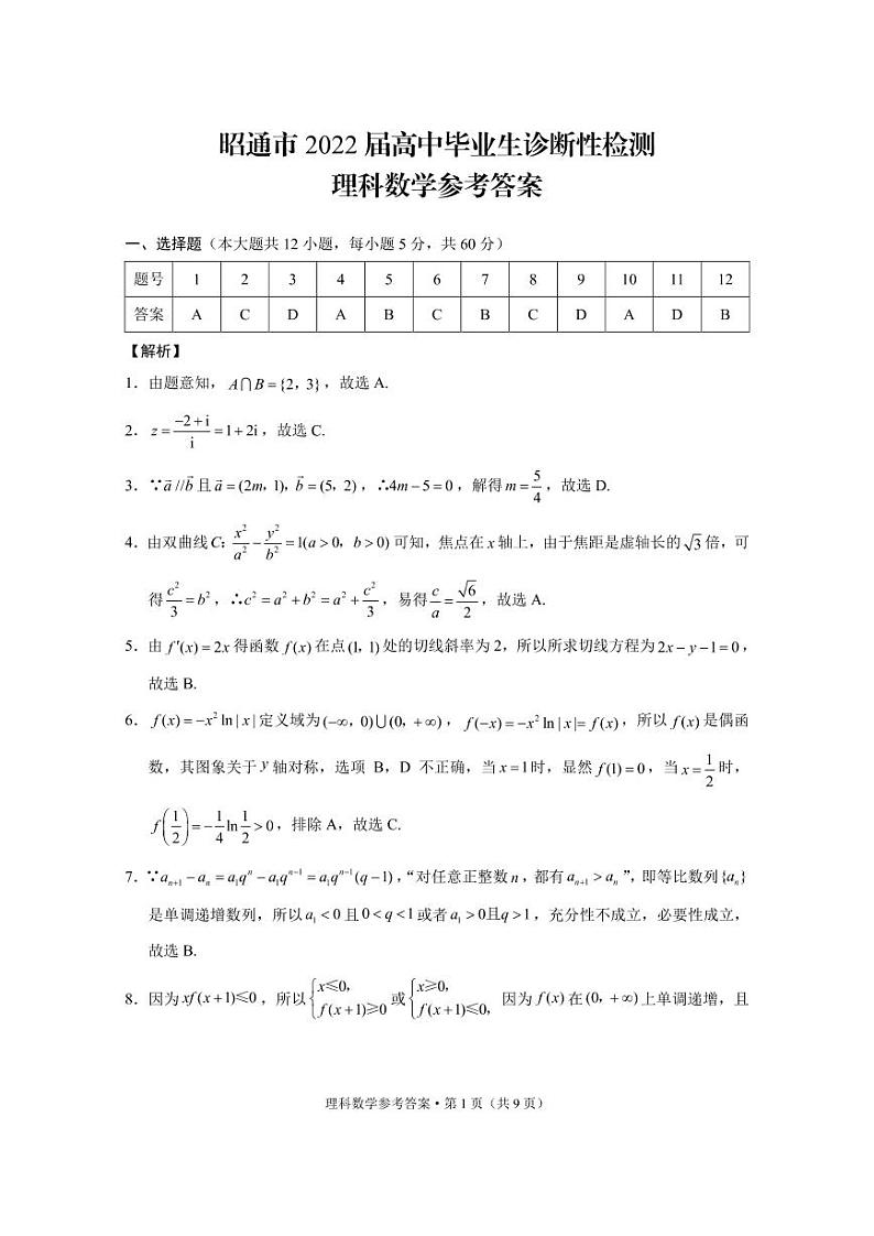 2022届云南省昭通市高三上学期1月毕业诊断性检测（期末）考试数学理试卷PDF版含答案01