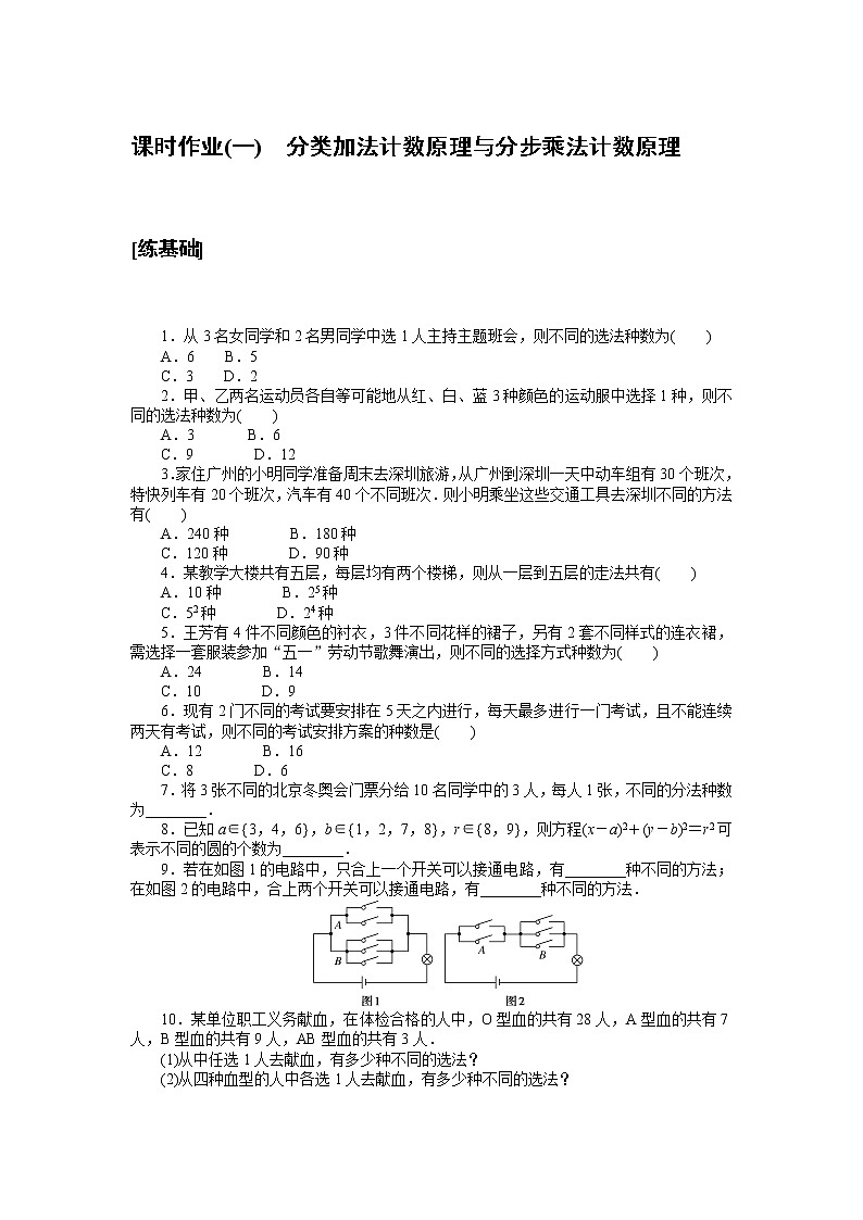 高中数学人教A版选修3_课时作业(一) 分类加法计数原理与分步乘法计数原理 练习01