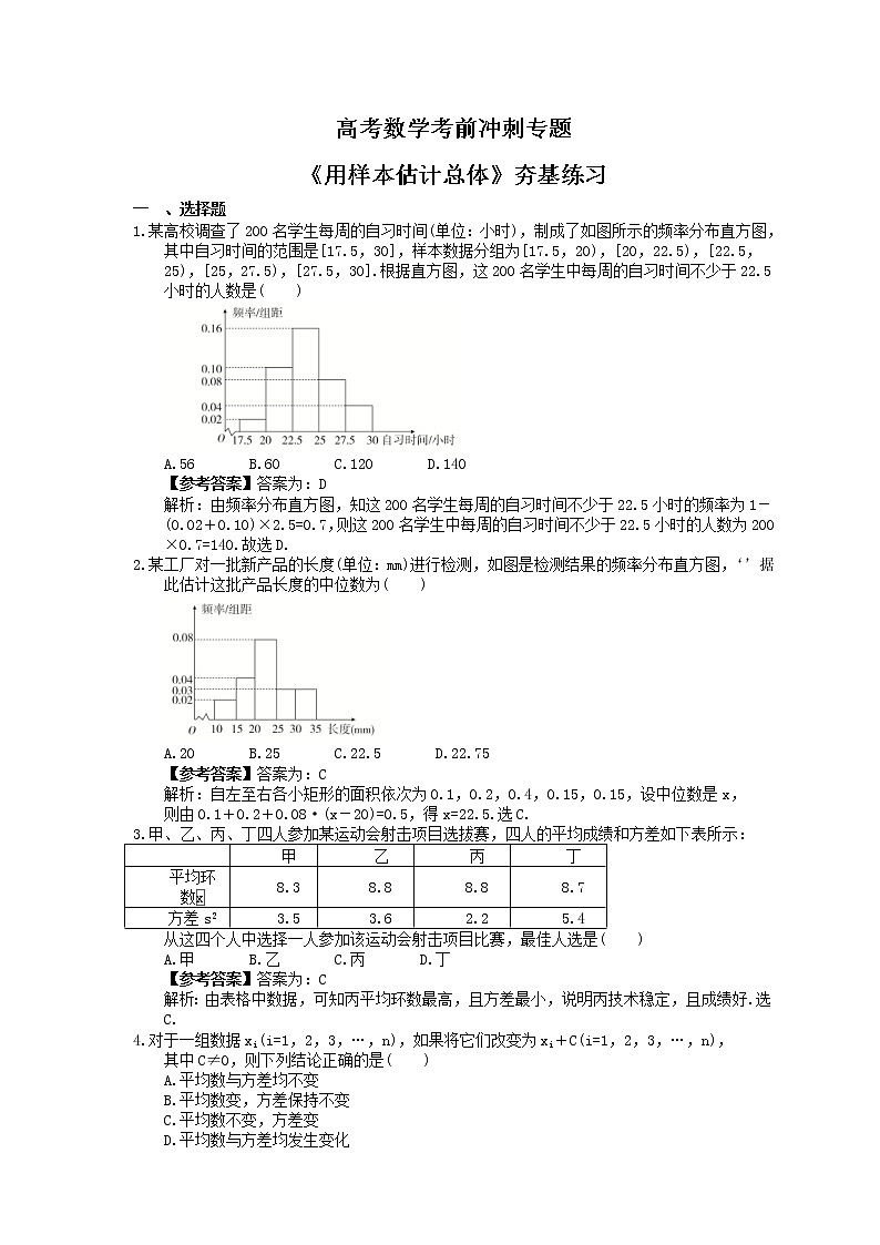 高考数学考前冲刺专题《用样本估计总体》夯基练习（教师版）第1页