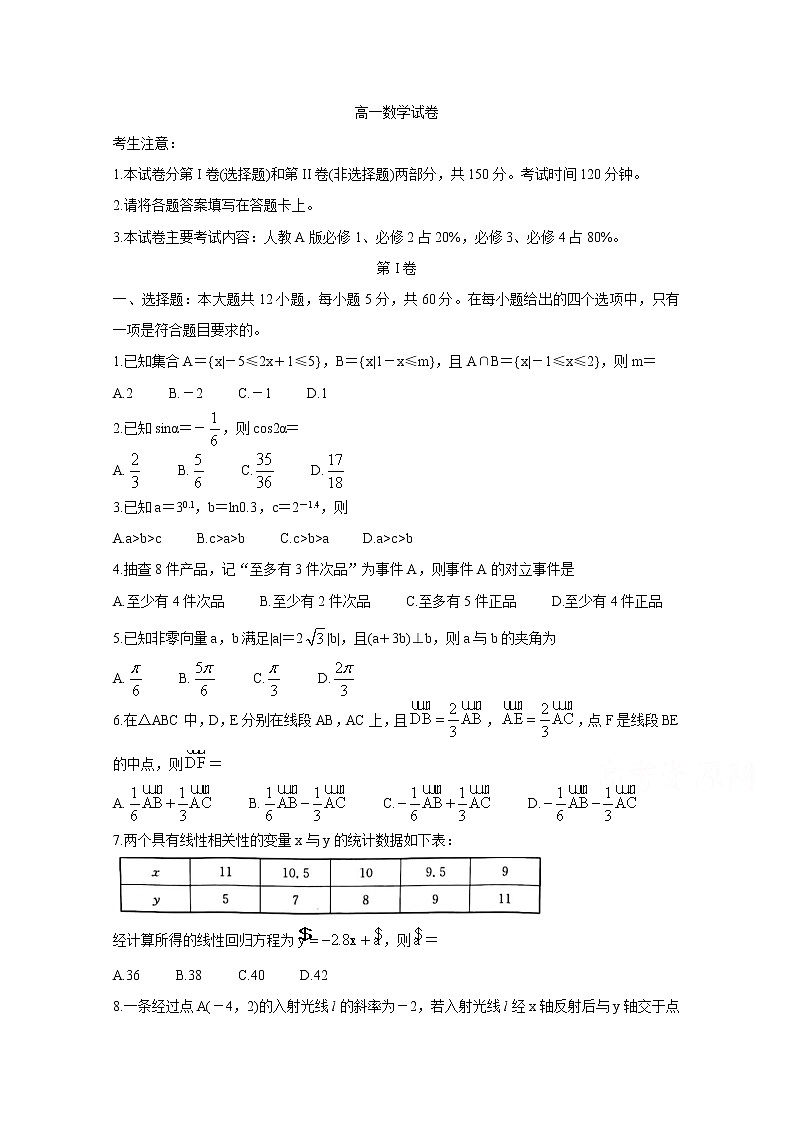 2021甘肃省靖远县高一下学期期末考试数学含答案01