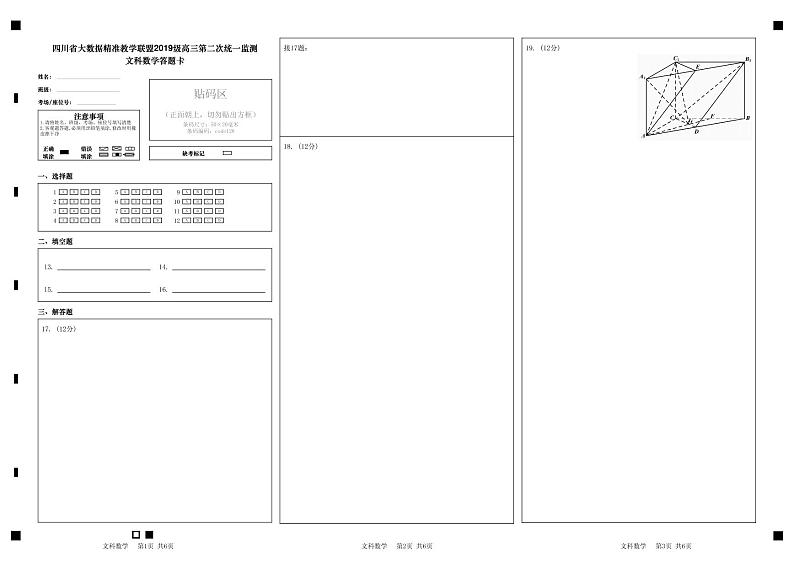 四川省大数据精准教学联盟2019级高三第二次统一监测  数学试题（文科）及答案01