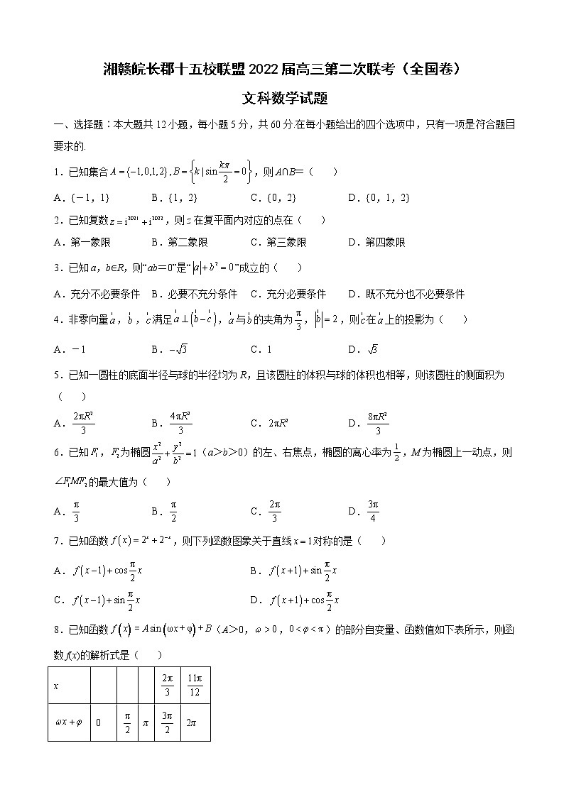 2022届湖南省湘赣皖长郡十五校联盟高三第二次联考（全国卷）文科数学试题含解析第1页
