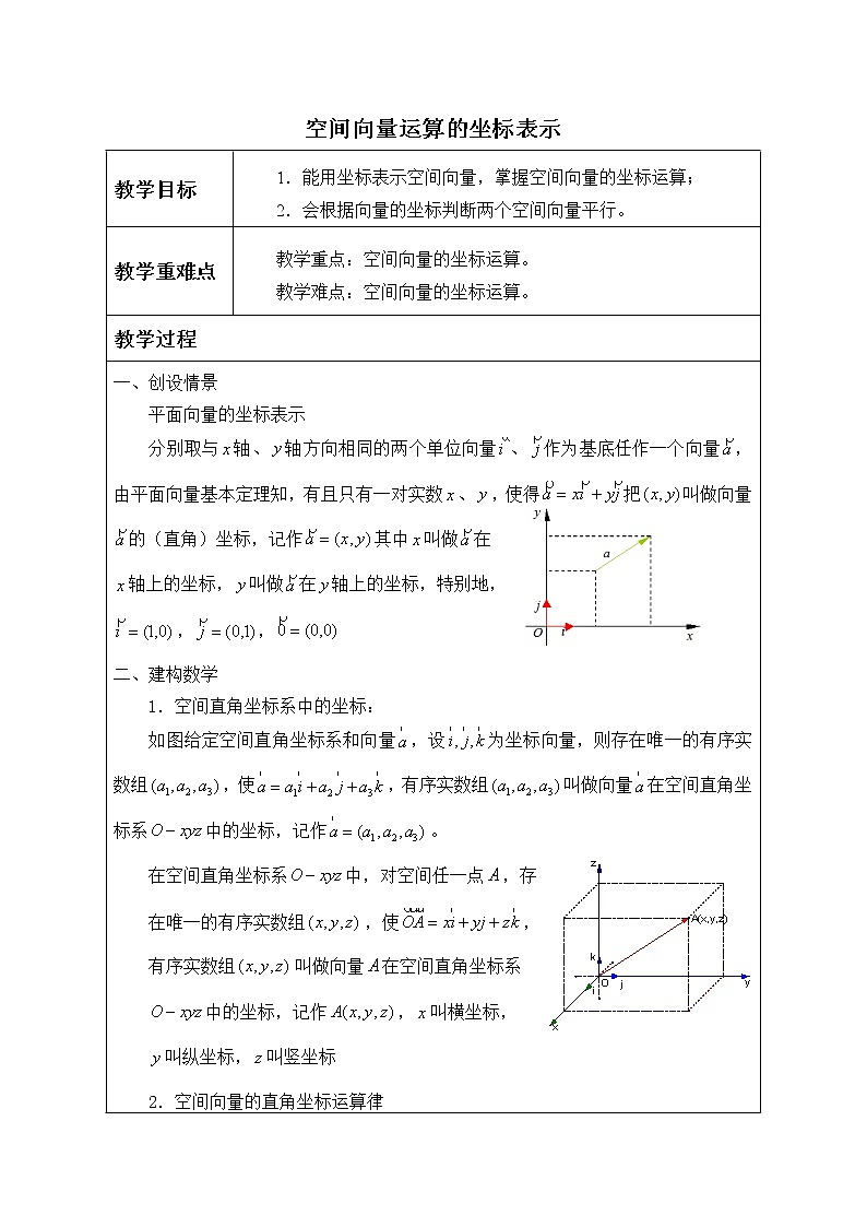 人教版A版（2019）课标高中数学选择性必修一1.3.2空间向量运算的坐标表示  教案01