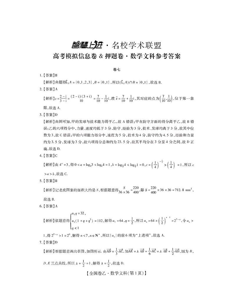 2022江西智慧上进押题卷（七）高三文数答案01