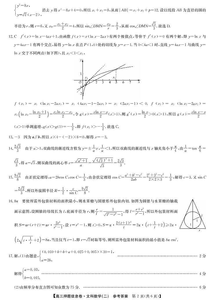 2022届河南省平顶山市、许昌市、汝州市九校联盟高三下学期押题信息卷（二）（老高考）-数学文2答案第2页