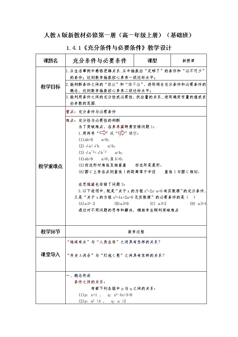 第1章+1.4充分条件与必要条件第一课时基础班课件+教案01