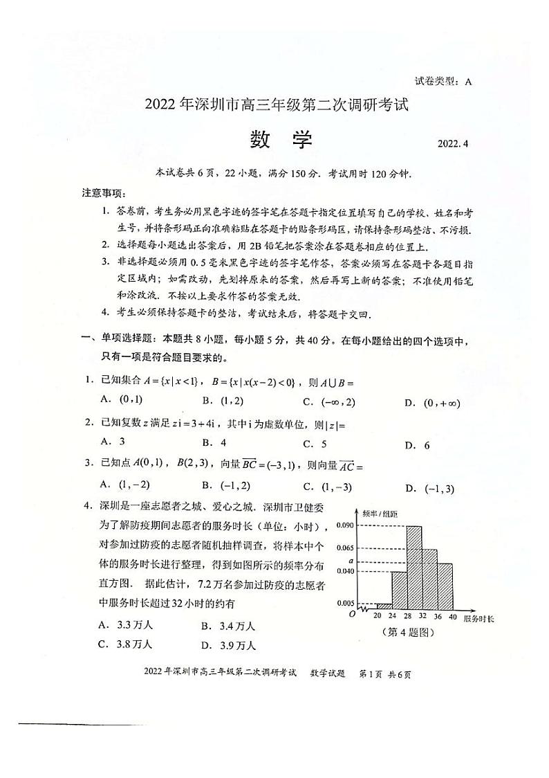 2022深圳市高三二模数学第1页